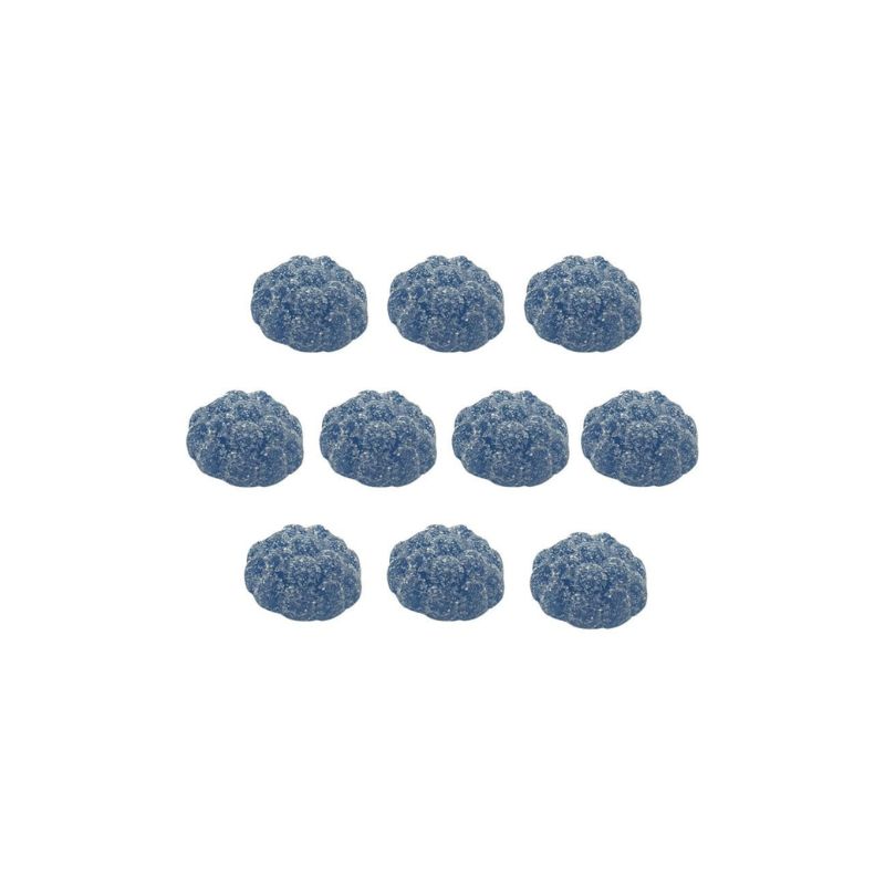 Ten round blue raspberry gummies coated in blue sanding sugar, arranged in three rows on a white background