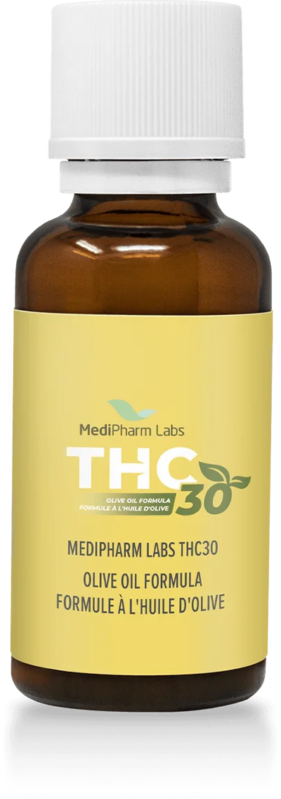 Amber glass dropper bottle with white cap and yellow MediPharm Labs THC30 Olive Oil Formula label.