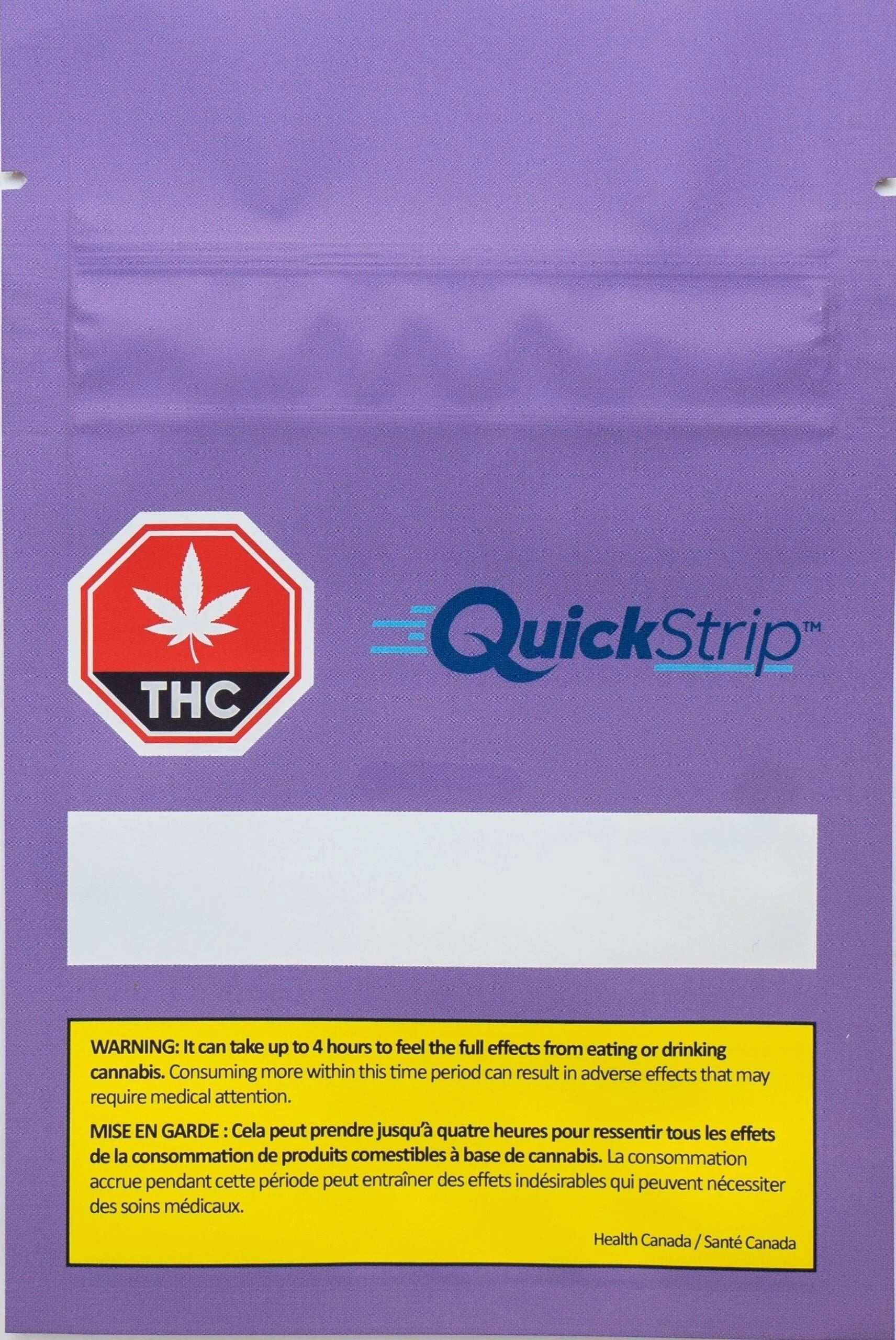 Purple resealable QuickStrip pouch with THC symbol and blank product label area