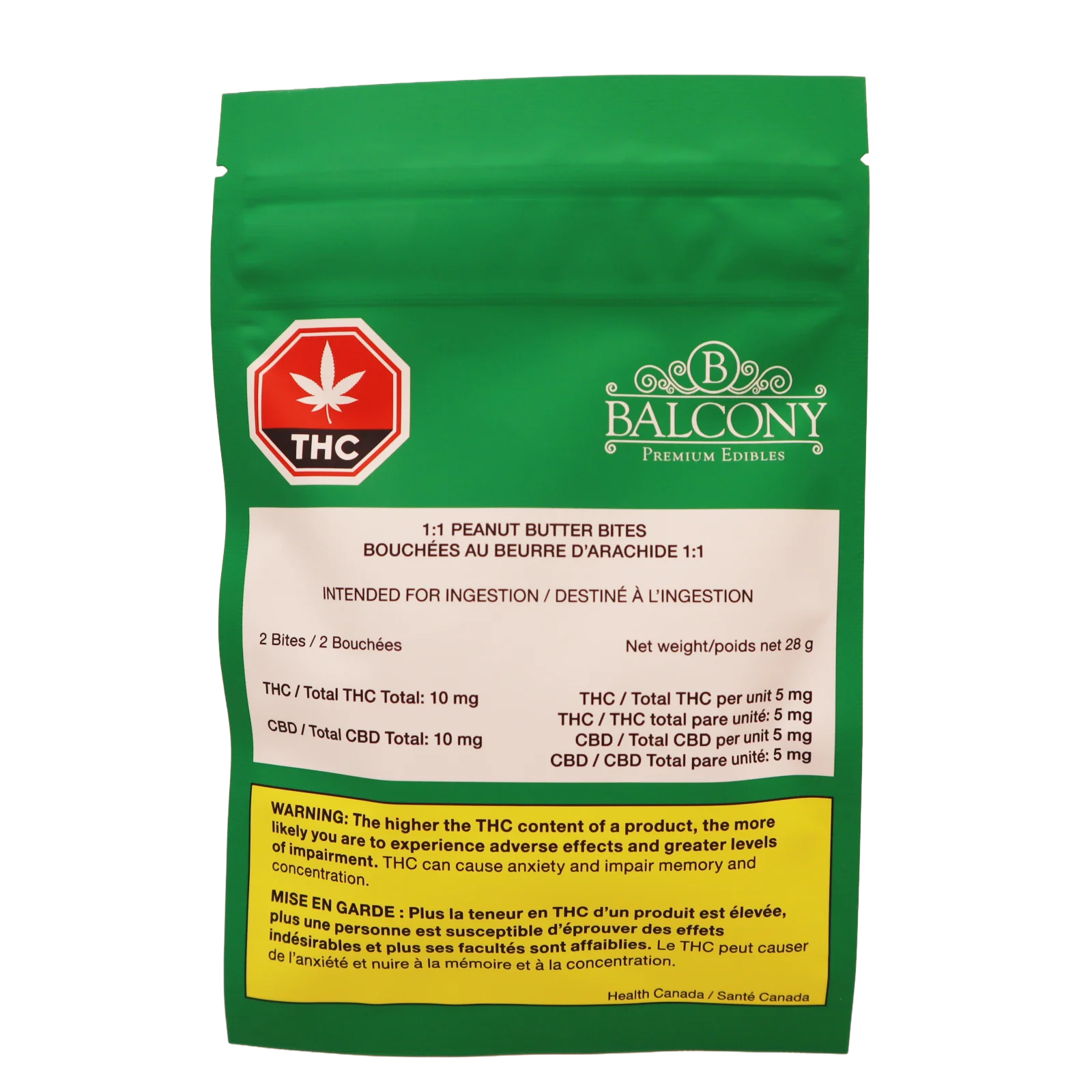 Green stand-up pouch for Balcony Premium Edibles 1:1 Peanut Butter Bites, showing THC symbol and dosage details on the label.