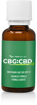 Amber tincture bottle with white cap labeled MediPharm Labs CBG:CBD 1:2 Advanced Formula, green label
