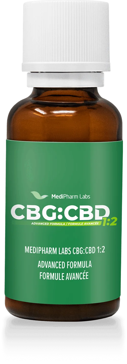 Amber tincture bottle with white cap labeled MediPharm Labs CBG:CBD 1:2 Advanced Formula, green label