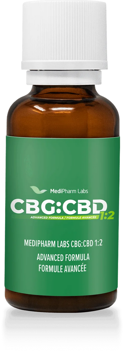 Amber tincture bottle with white cap labeled MediPharm Labs CBG:CBD 1:2 Advanced Formula, green label