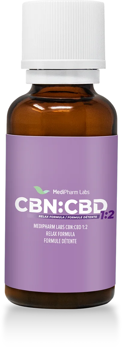 Amber glass tincture bottle with a white cap and purple label reading MediPharm Labs CBN:CBD 1:2 Relax Formula.