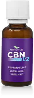 Amber glass dropper bottle with white cap labeled MediPharm Labs CBN 1:2 Nighttime Formula on a purple label.