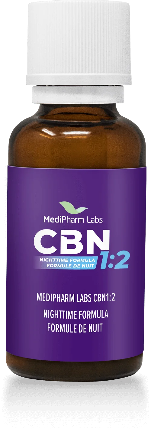Amber glass dropper bottle with white cap labeled MediPharm Labs CBN 1:2 Nighttime Formula on a purple label.