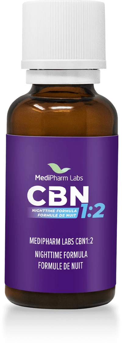 Amber glass dropper bottle with white cap labeled MediPharm Labs CBN 1:2 Nighttime Formula on a purple label.