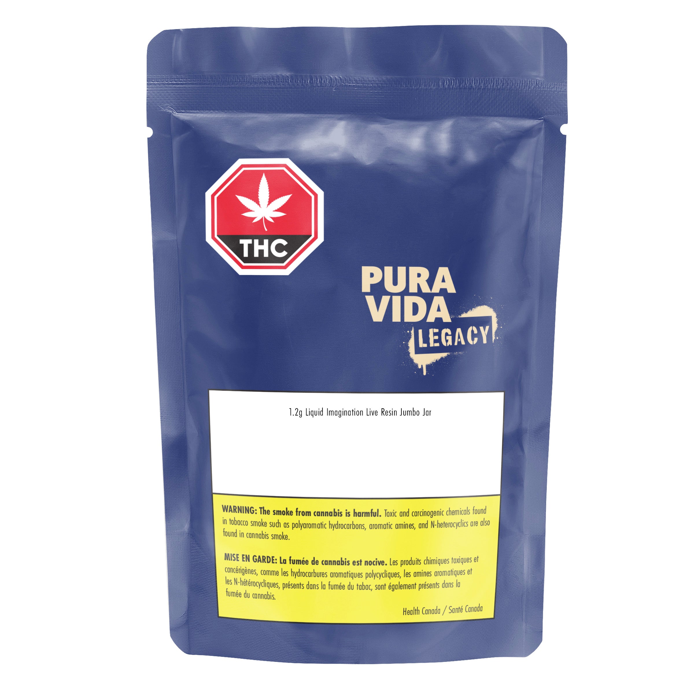 Navy blue mylar package for Pura Vida Legacy 1.2g Liquid Imagination Live Resin Jumbo Jar, with THC warning icon and cannabis smoke warning text.