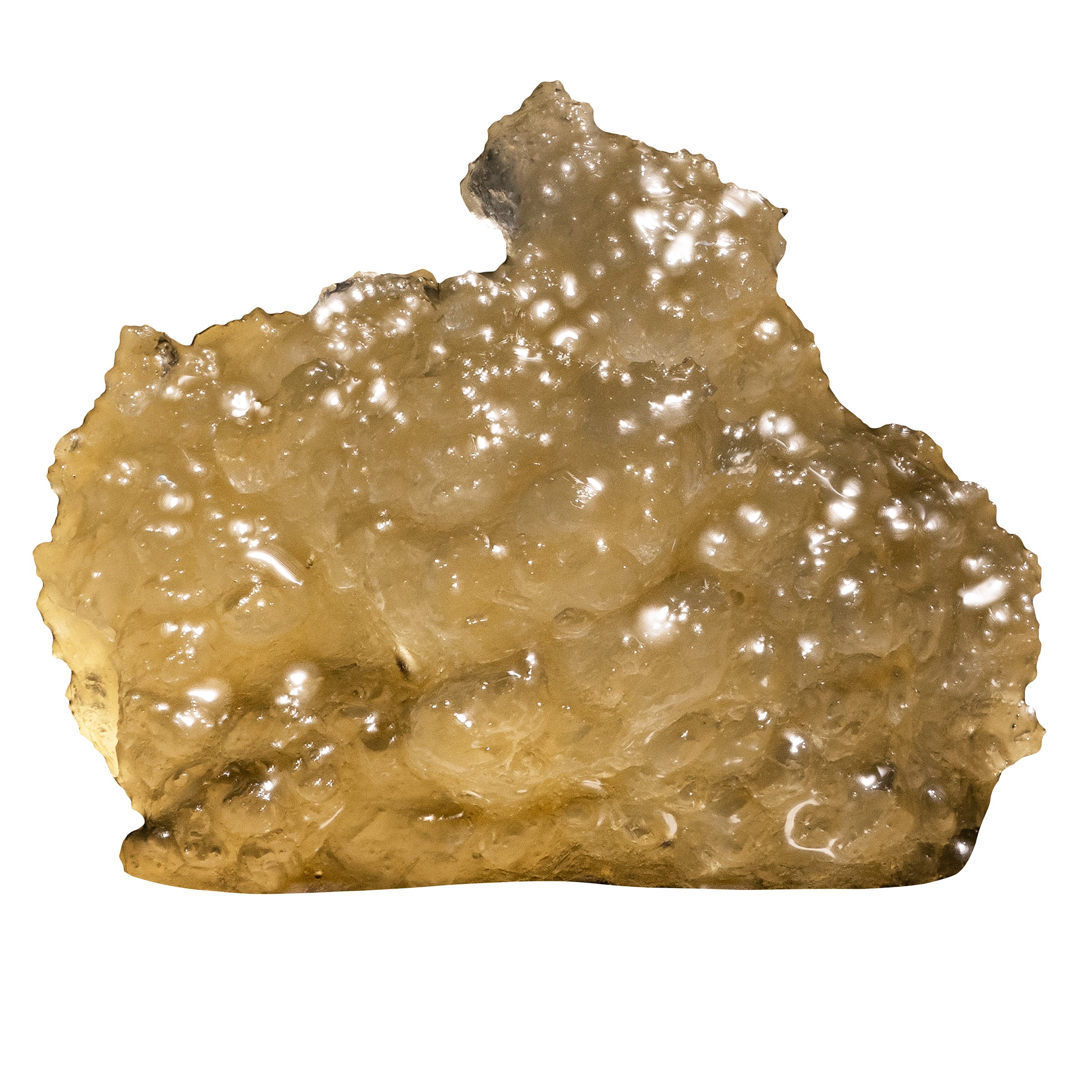 Close-up of a translucent amber slab of Liquid Imagination live resin concentrate with a glossy, bubbled surface texture.