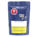 Navy blue Pura Vida Legacy pouch labeled 1.2g Strawberry Cough Sativa Diamond Jumbo Jar with THC warning symbol and blank product label area.