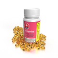 Pink Emprise bottle labeled 10 mg THC Softgels (100 count) surrounded by scattered amber softgel capsules.