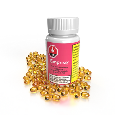 Pink Emprise bottle labeled 10 mg THC Softgels (100 count) surrounded by scattered amber softgel capsules.
