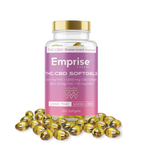 Pink Emprise Canada softgel bottle labeled 1,000 mg THC and 1,000 mg CBD, 100 count, with capsules scattered around the base.