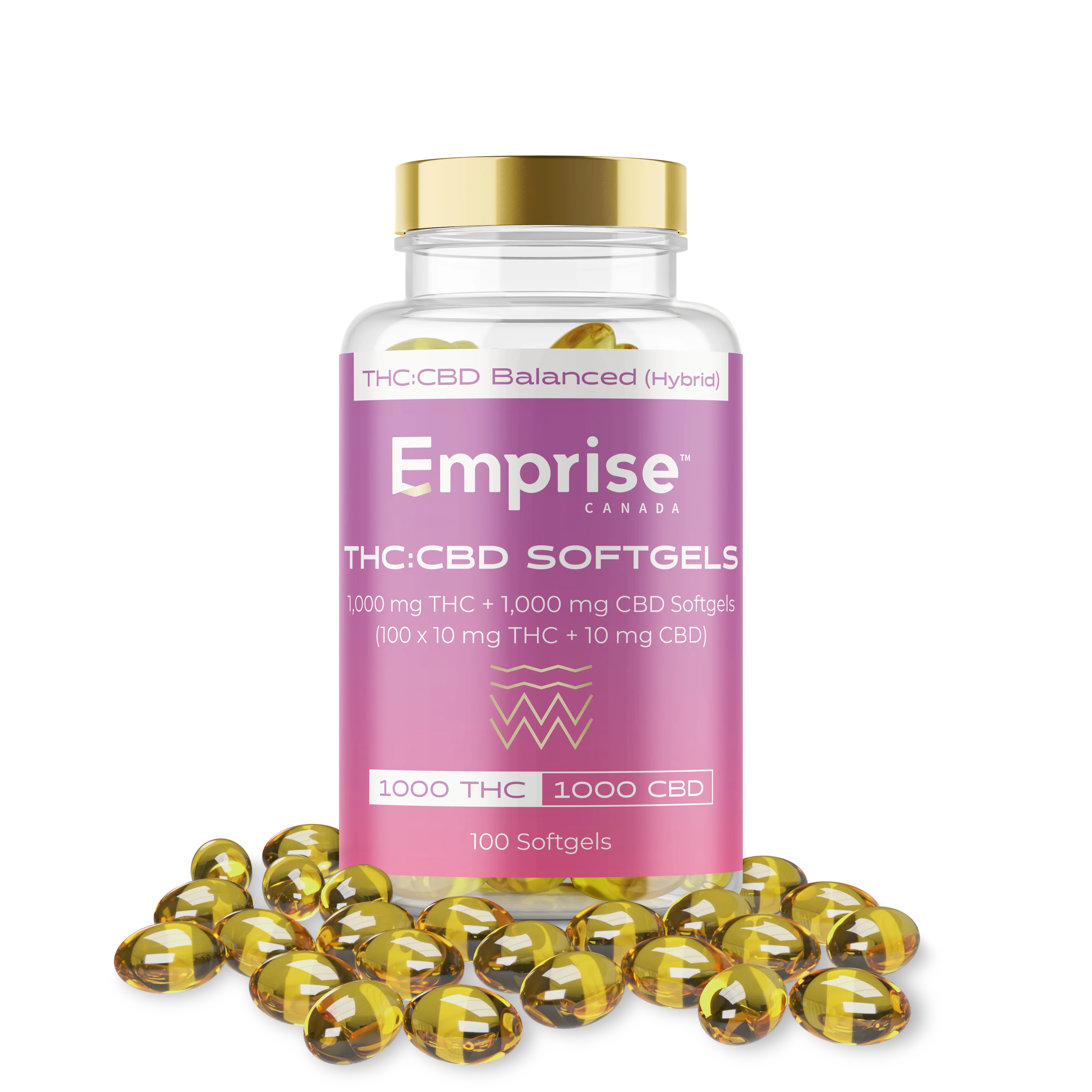 Pink Emprise Canada softgel bottle labeled 1,000 mg THC and 1,000 mg CBD, 100 count, with capsules scattered around the base.