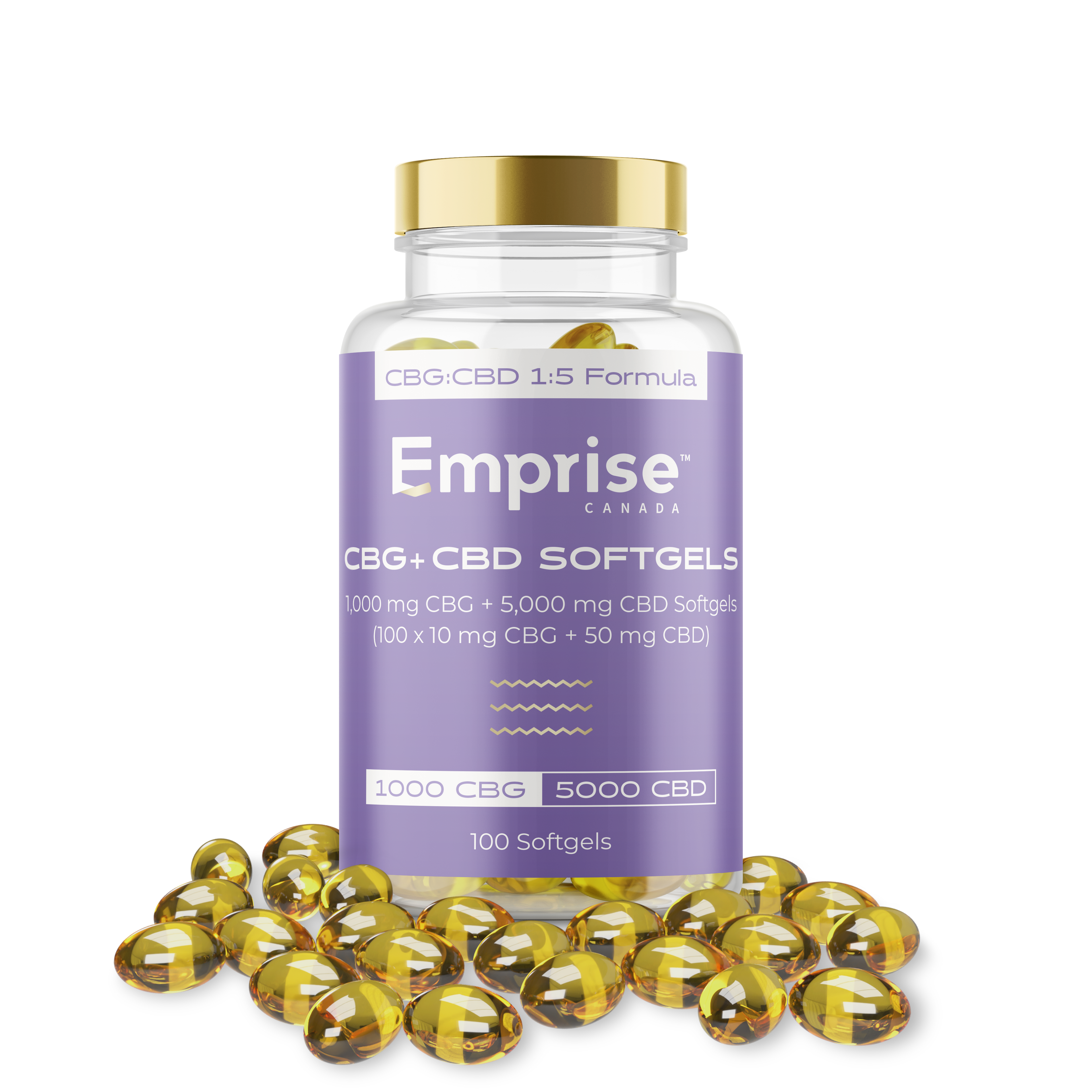 Alternate view of the same Emprise Canada CBG+CBD softgel bottle with gold cap and purple label, surrounded by scattered amber softgel capsules.