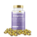 Clear bottle of Emprise Canada CBG+CBD softgels with a gold cap and purple label reading 1000mg CBG + 5000mg CBD, 100 softgels, surrounded by loose amber softgel capsules.