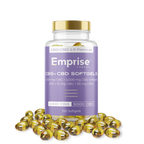 Clear bottle of Emprise Canada CBG+CBD softgels with a gold cap and purple label reading 1000mg CBG + 5000mg CBD, 100 softgels, surrounded by loose amber softgel capsules.
