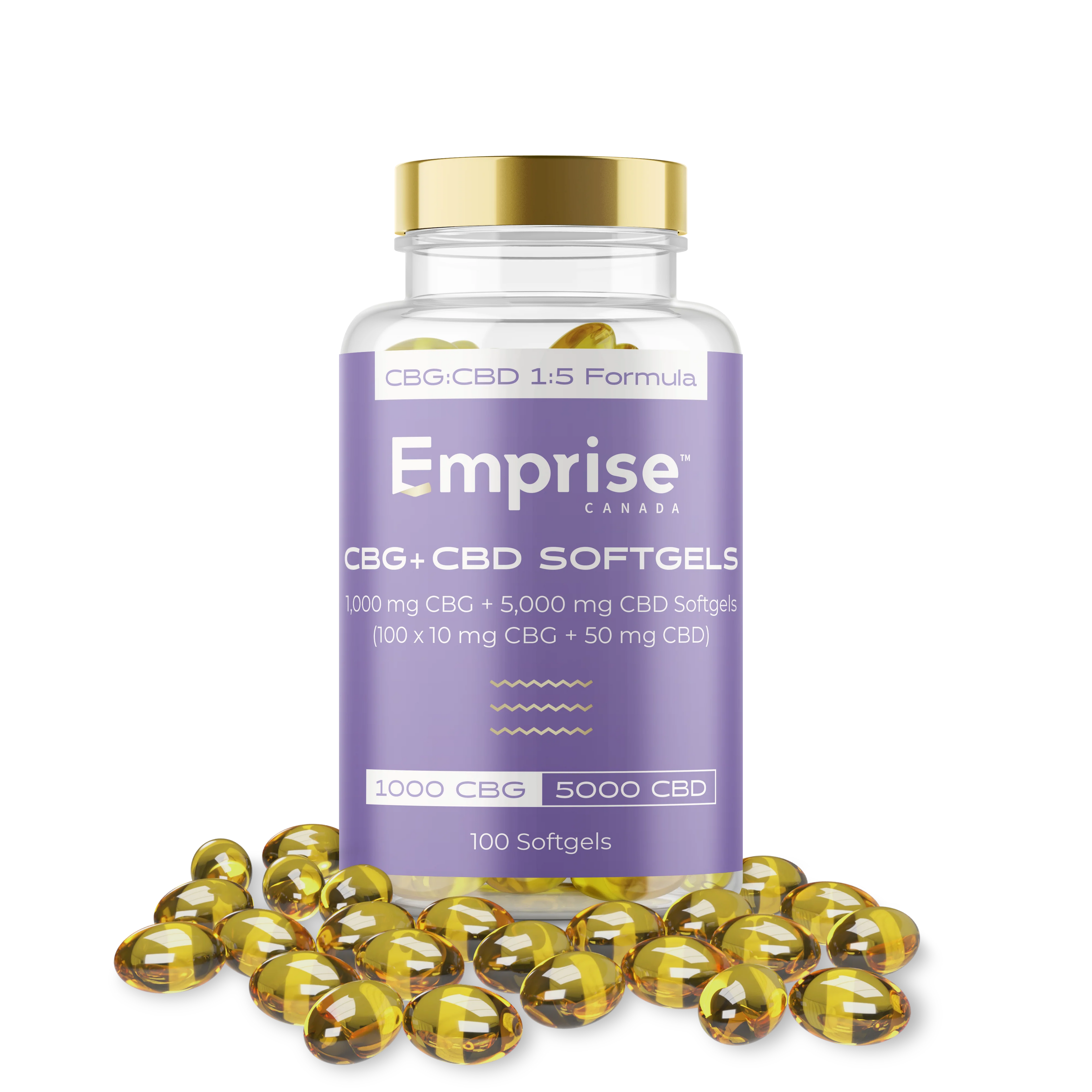 Clear bottle of Emprise Canada CBG+CBD softgels with a gold cap and purple label reading 1000mg CBG + 5000mg CBD, 100 softgels, surrounded by loose amber softgel capsules.
