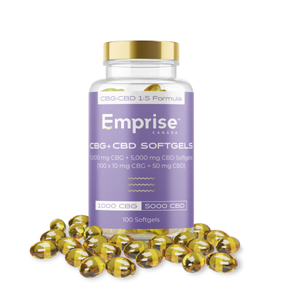 Clear bottle of Emprise Canada CBG+CBD softgels with a gold cap and purple label reading 1000mg CBG + 5000mg CBD, 100 softgels, surrounded by loose amber softgel capsules.