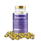 Clear bottle of Emprise Canada CBN + CBG softgels with gold cap and purple label labeled 100 softgels, set among scattered amber capsules.