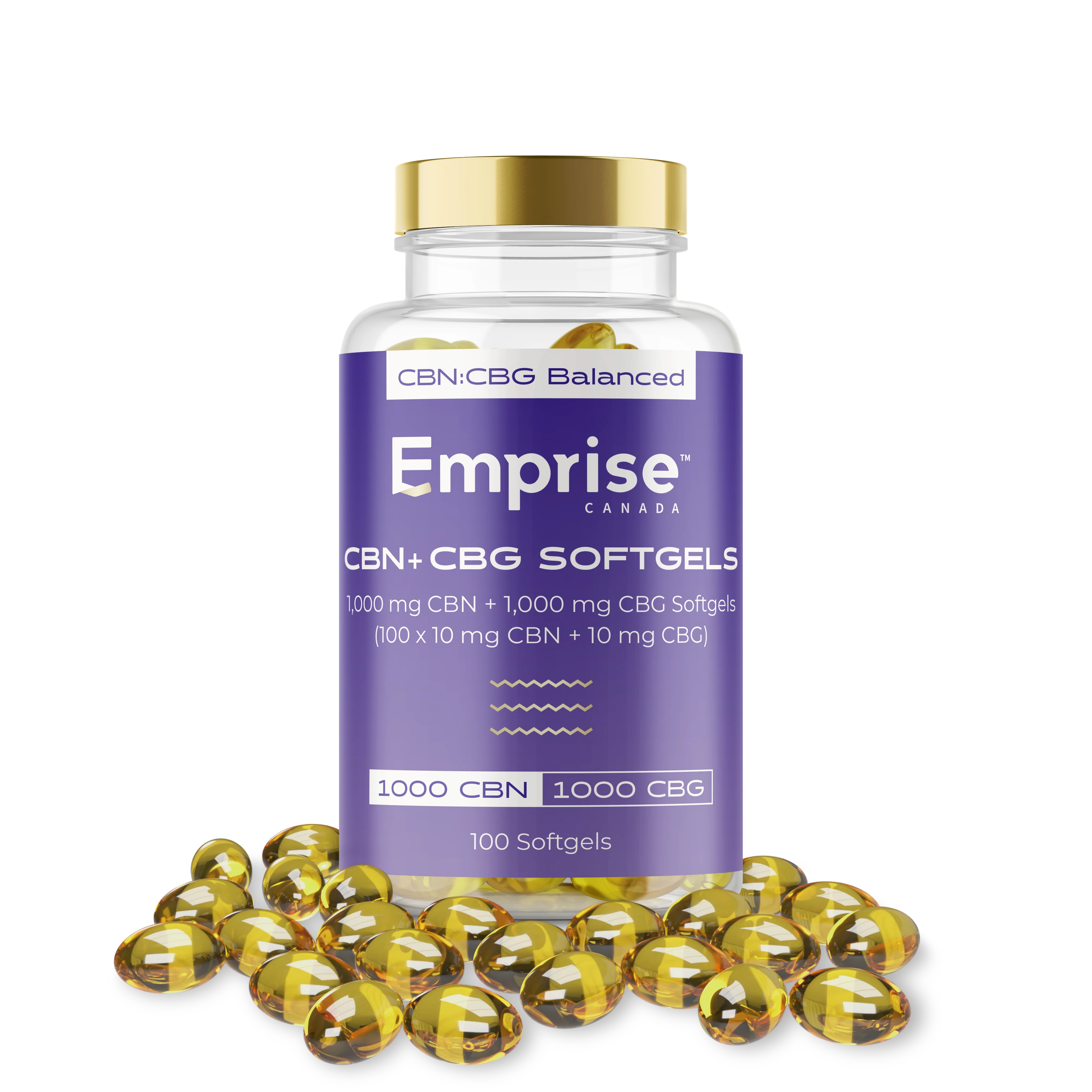 Clear bottle of Emprise Canada CBN + CBG softgels with gold cap and purple label labeled 100 softgels, set among scattered amber capsules.