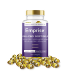 Purple-labeled Emprise Canada CBN plus CBD softgels bottle with gold cap, standing among scattered amber softgel capsules