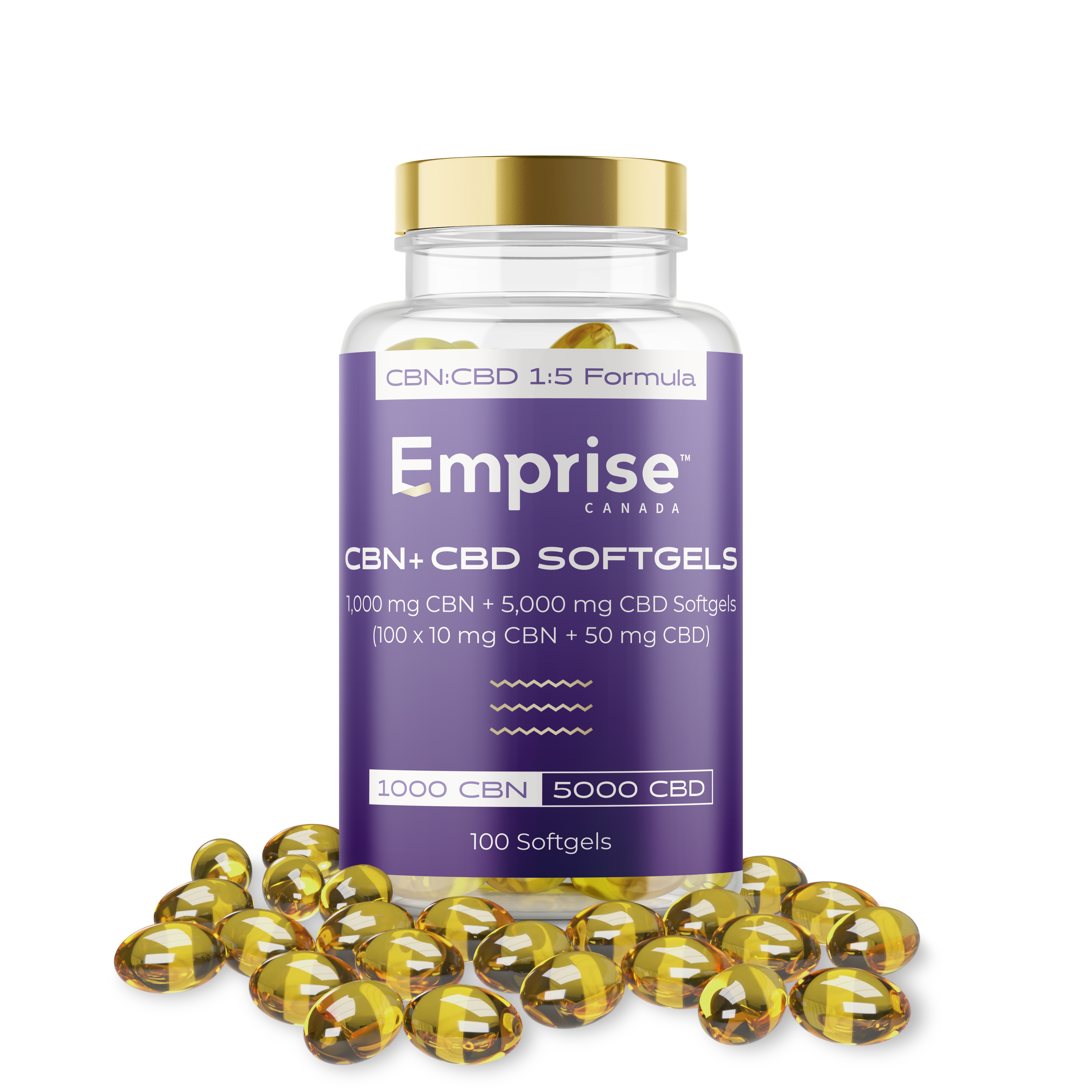 Purple-labeled Emprise Canada CBN plus CBD softgels bottle with gold cap, standing among scattered amber softgel capsules