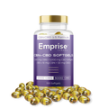 Purple-labeled Emprise Canada bottle of CBN plus CBD softgels with gold cap, surrounded by loose amber softgel capsules
