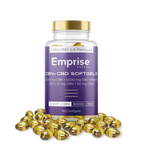 Purple-labeled Emprise Canada bottle of CBN plus CBD softgels with gold cap, surrounded by loose amber softgel capsules