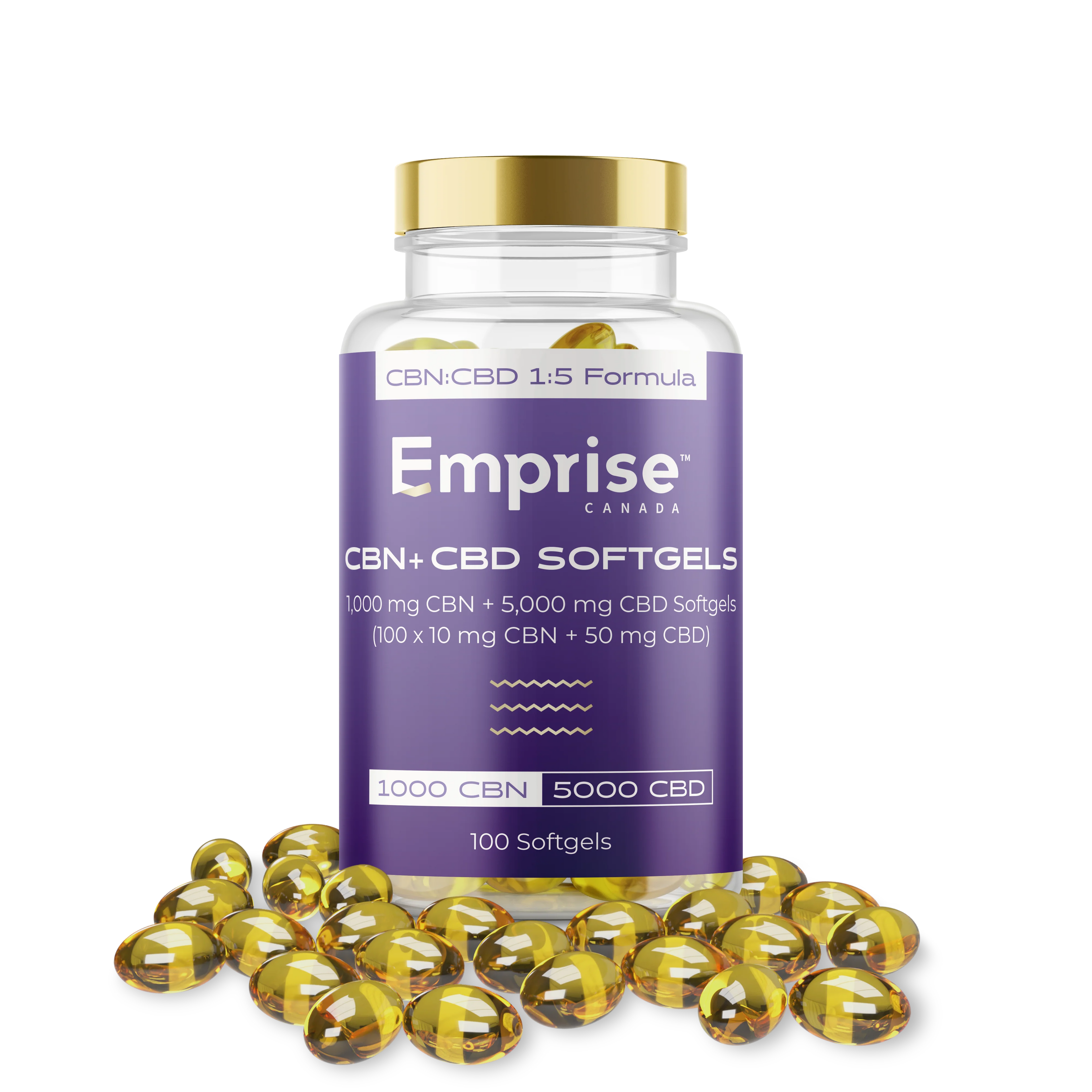 Purple-labeled Emprise Canada bottle of CBN plus CBD softgels with gold cap, surrounded by loose amber softgel capsules