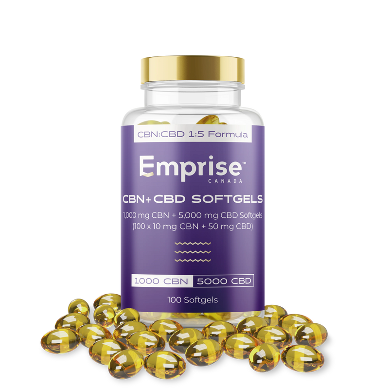 Purple-labeled Emprise Canada bottle of CBN plus CBD softgels with gold cap, surrounded by loose amber softgel capsules