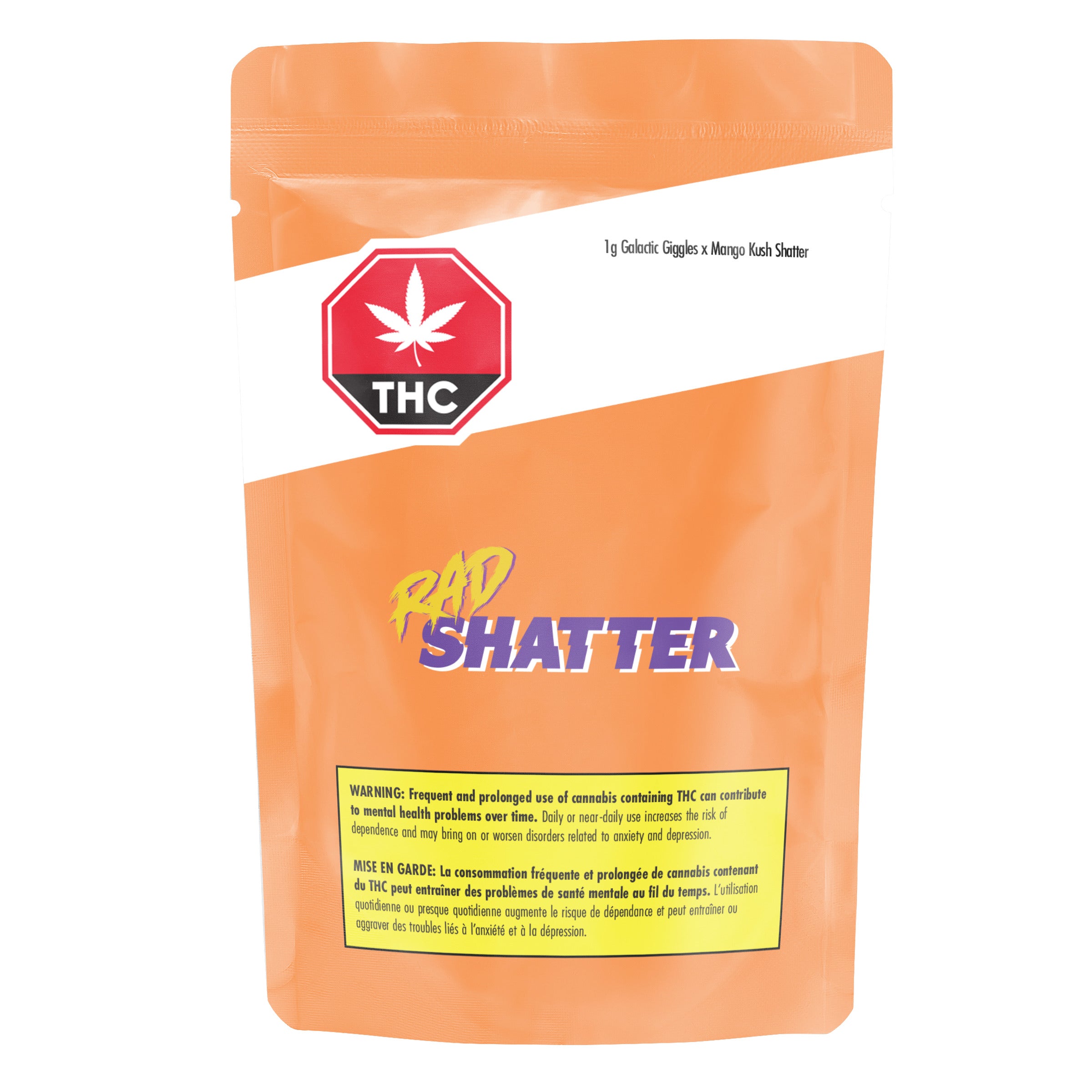 Orange mylar packaging bag labeled RAD Shatter, with '1g Galactic Giggles x Mango Kush Shatter' text, THC symbol, and cannabis warning label.