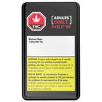 Black packaging card front for Missionary Mango 1g Disposable Vape, showing a red THC stop-sign symbol, ADULTS ONLY NSFW text, and a cannabis health warning in English and French.