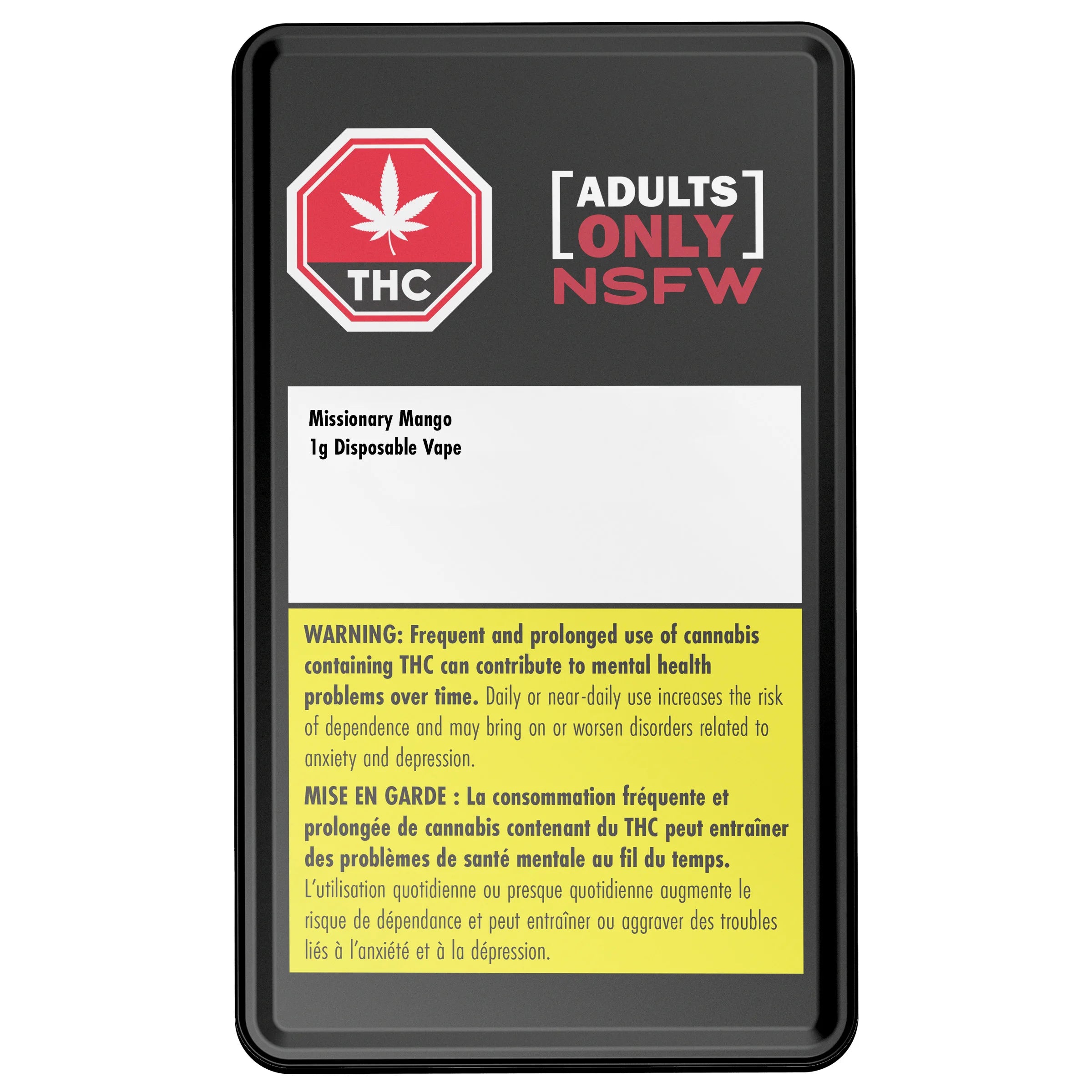 Black packaging card front for Missionary Mango 1g Disposable Vape, showing a red THC stop-sign symbol, ADULTS ONLY NSFW text, and a cannabis health warning in English and French.