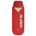 Red disposable vape device with a gold-tone mouthpiece window, vertical NSFW text, and a small diamond icon on the body.