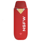 Red disposable vape device with a gold-tone mouthpiece window, vertical NSFW text, and a small diamond icon on the body.