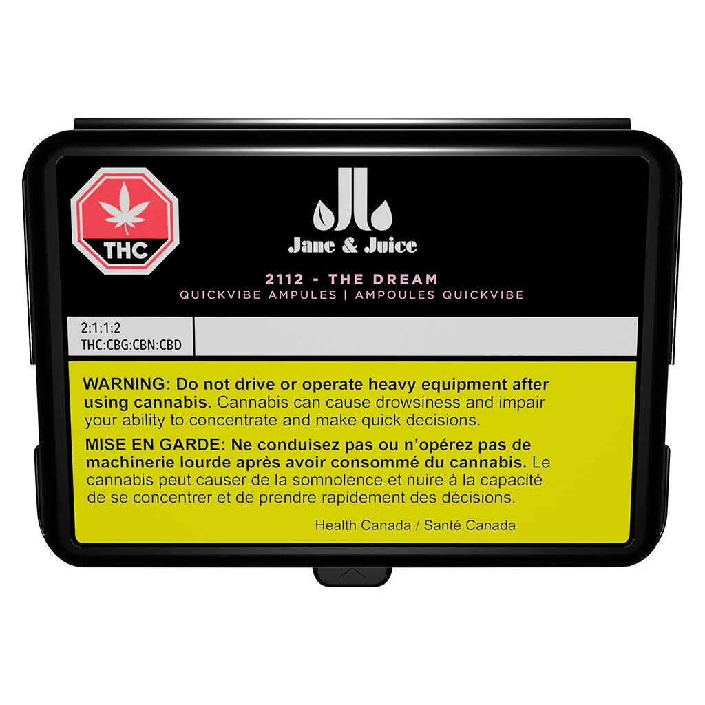 Black package for 2112 - The Dream QuickVibe Ampules by Jane & Juice, showing THC symbol and cannabinoid ratio.