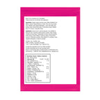 Back of pink Olli StikiStix packaging showing the ingredient list and nutrition facts panel