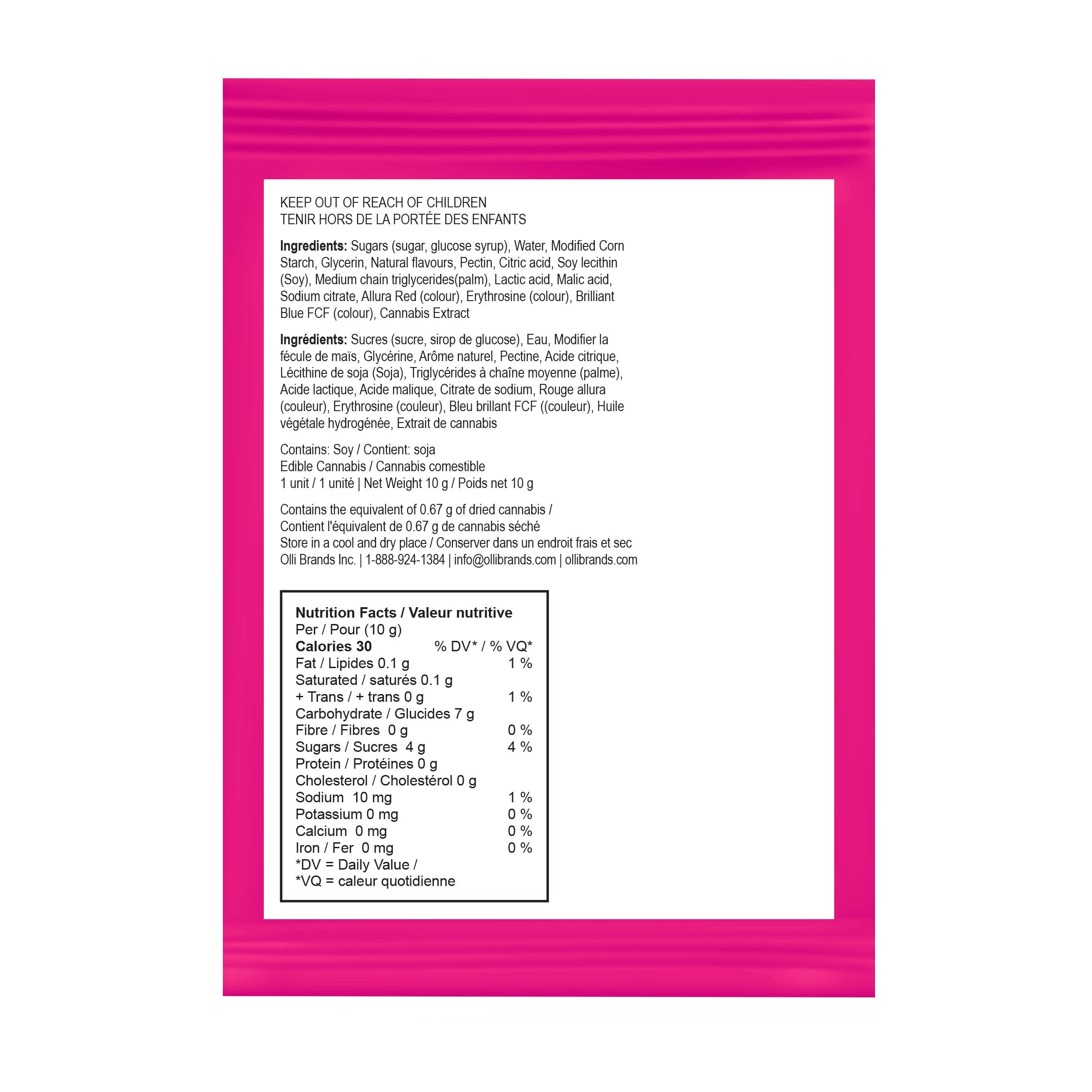 Back of pink Olli StikiStix packaging showing the ingredient list and nutrition facts panel