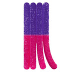Four sour candy sticks with purple and pink two-tone coating, covered in sanding sugar