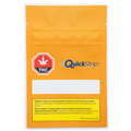 Sealed orange QuickStrip pouch with a red THC leaf warning icon and blank label area, for 4:1 CBG:THC Mint strips.