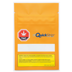 Sealed orange QuickStrip pouch with a red THC leaf warning icon and blank label area, for 4:1 CBG:THC Mint strips.