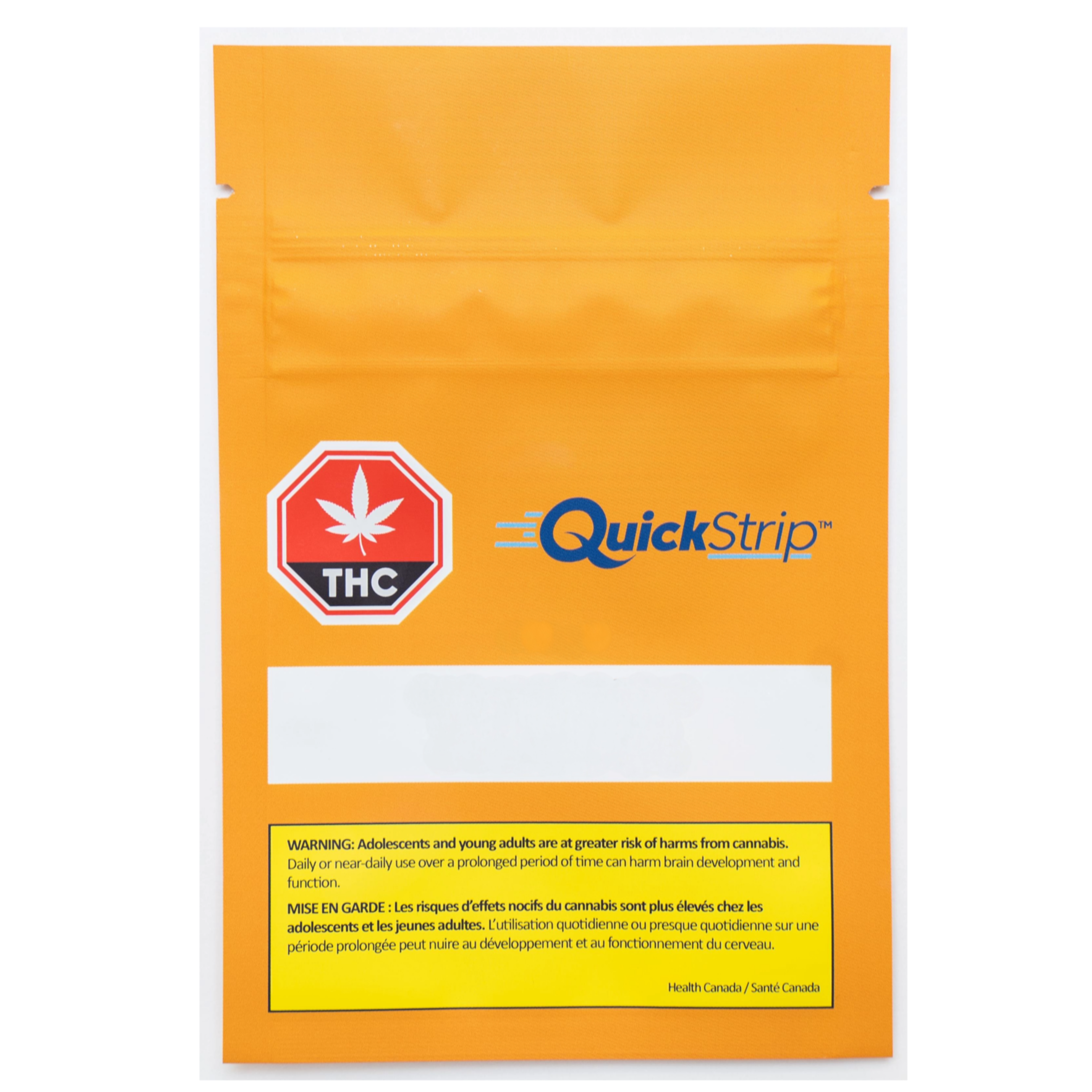 Sealed orange QuickStrip pouch with a red THC leaf warning icon and blank label area, for 4:1 CBG:THC Mint strips.