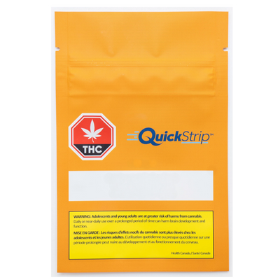 Sealed orange QuickStrip pouch with a red THC leaf warning icon and blank label area, for 4:1 CBG:THC Mint strips.