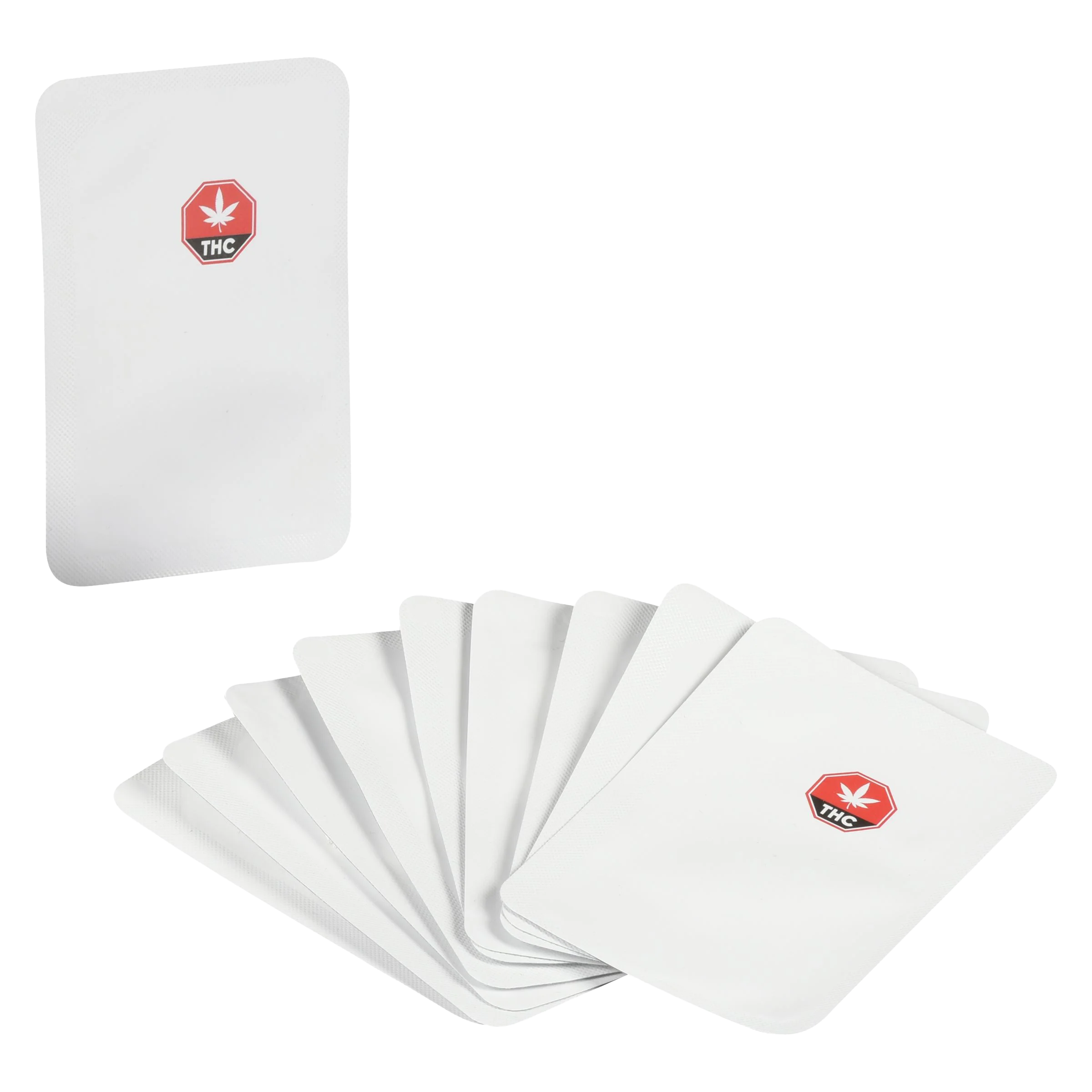 Fan of individual white foil-wrapped QuickStrip sachets with a red THC leaf icon, next to one sealed pouch.