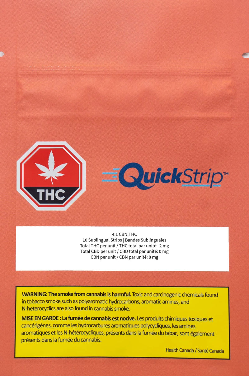 Coral-colored QuickStrip pouch labeled 4:1 CBN:THC Mint, showing the THC symbol and dosage details for 10 sublingual strips.