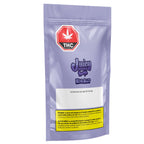 Front of the packaging pouch for Grape Groove Supa Sipper All-in-One Vape 4g, light purple mylar bag with THC symbol, Juicy Hoots branding, and health warning label.