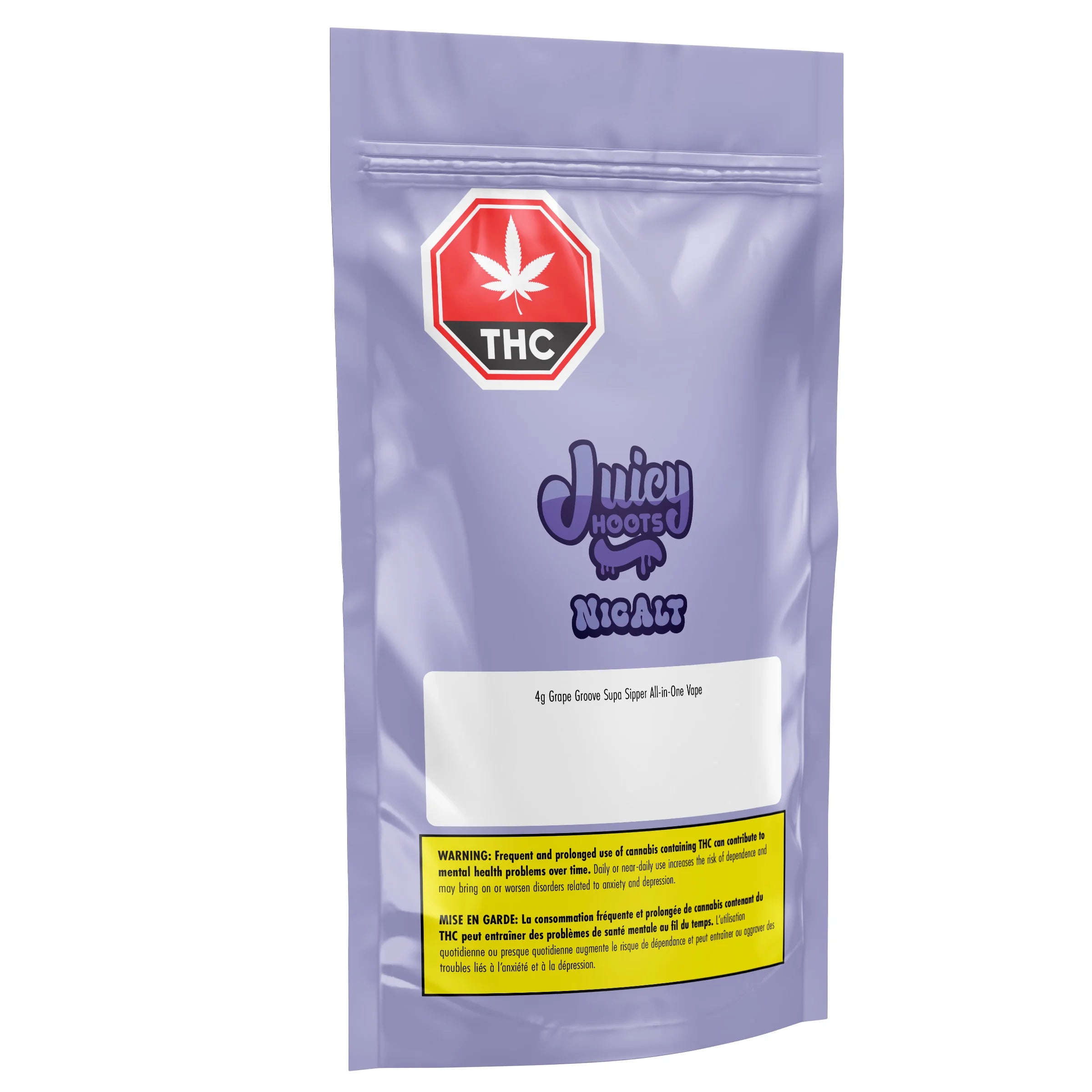 Front of the packaging pouch for Grape Groove Supa Sipper All-in-One Vape 4g, light purple mylar bag with THC symbol, Juicy Hoots branding, and health warning label.