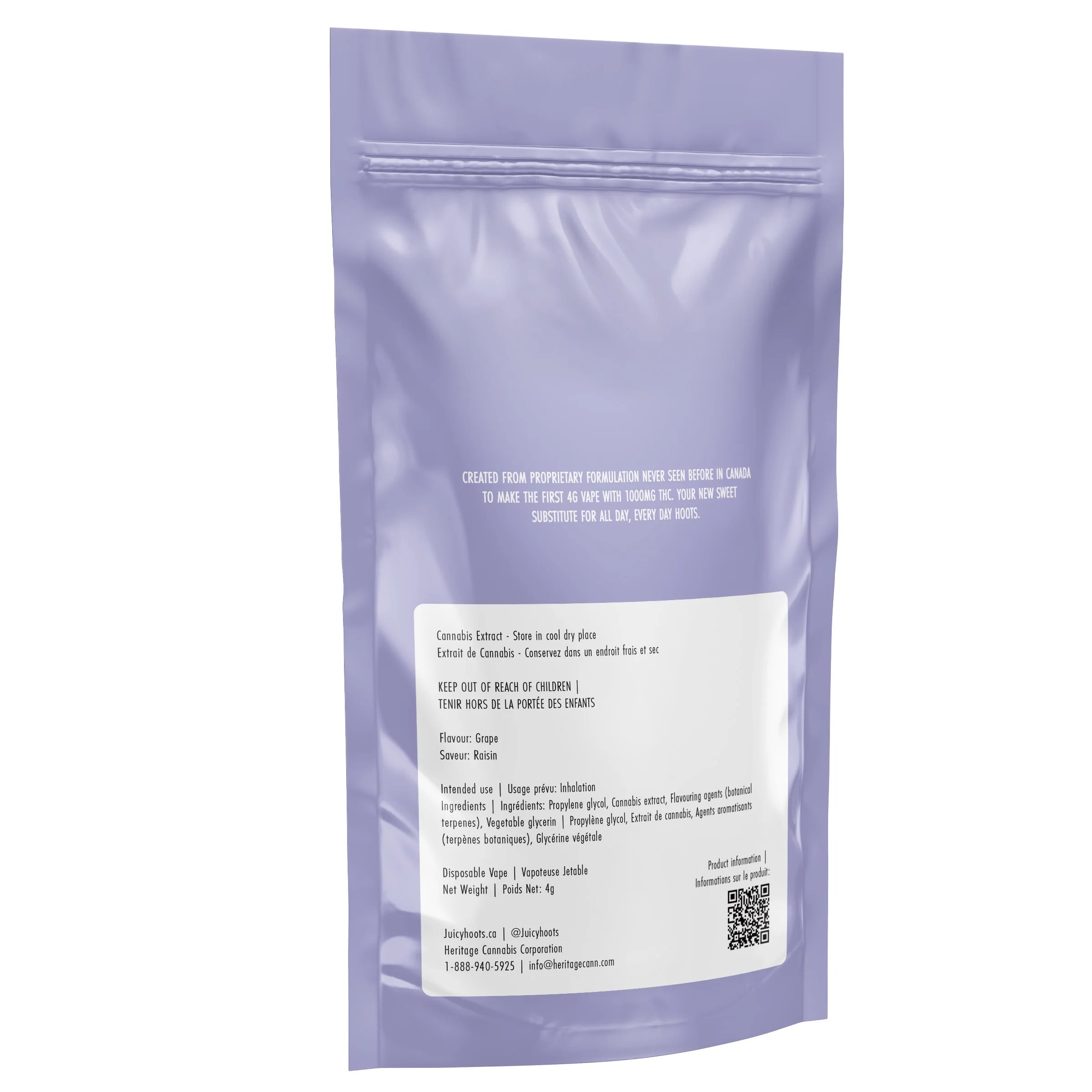 Back of the Grape Groove Supa Sipper All-in-One Vape 4g packaging pouch, showing ingredient list, flavour, net weight, and Juicy Hoots contact information.