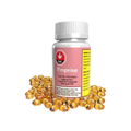 Pink-labeled Emprise 5mg THC Softgels bottle surrounded by loose amber softgel capsules.